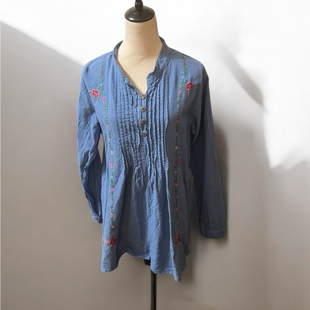 Blue Long Sleeve Pleated Blouse with Mandarin Collar 100% Cotton